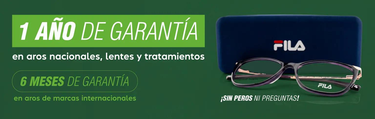 1 año de garantía en aros nacionales, lentes y tratamientos 6 meses de garantía en aros internacionales ¡Sin peros ni preguntas!