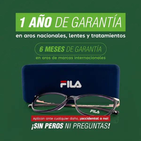 1 año de garantía en aros nacionales, lentes y tratamientos 6 meses de garantía en aros internacionales ¡Sin peros ni preguntas!