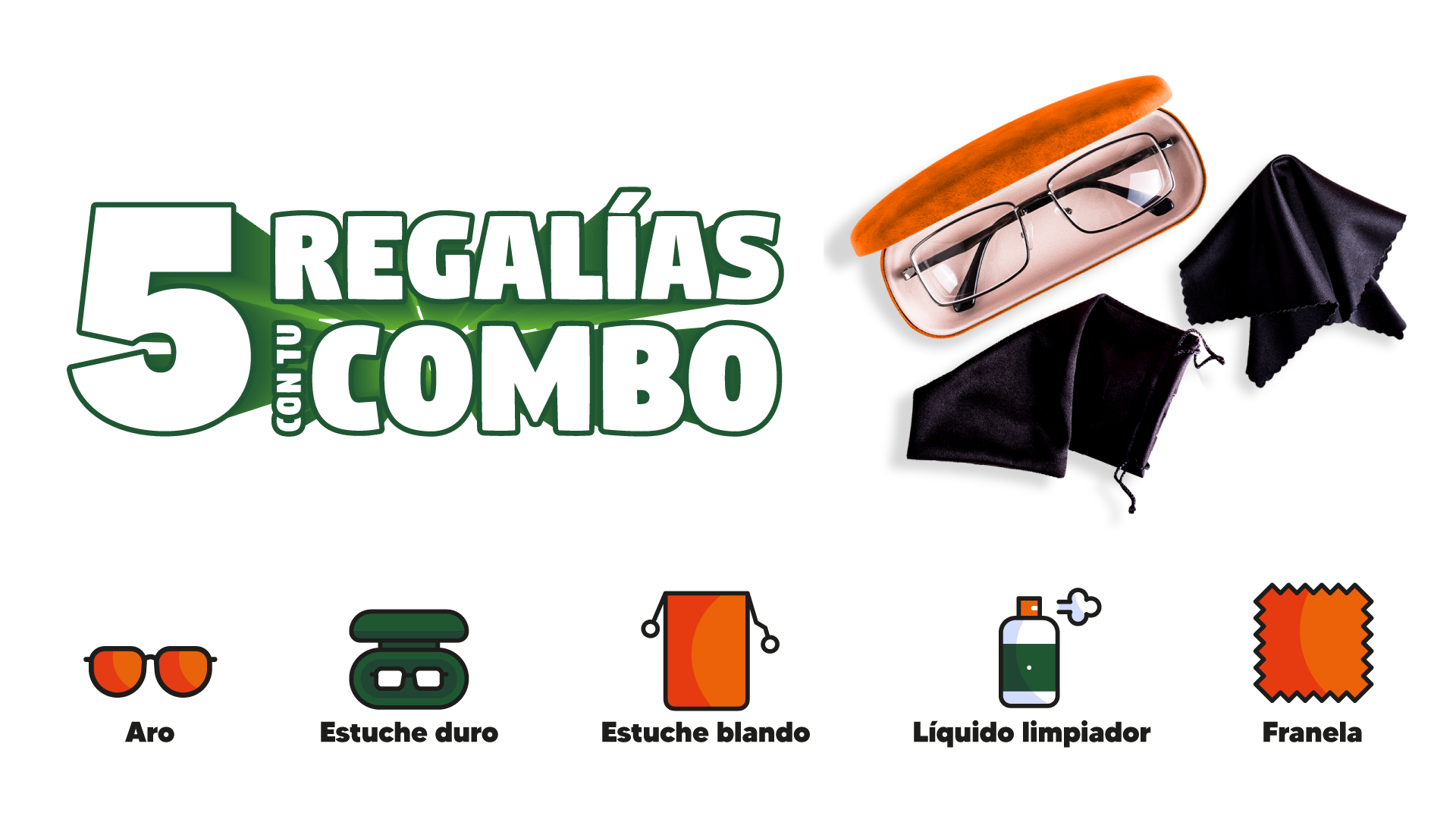 5 regalías con tu combo Aro Estuche duro Estuche blando Líquido limpiador Franela