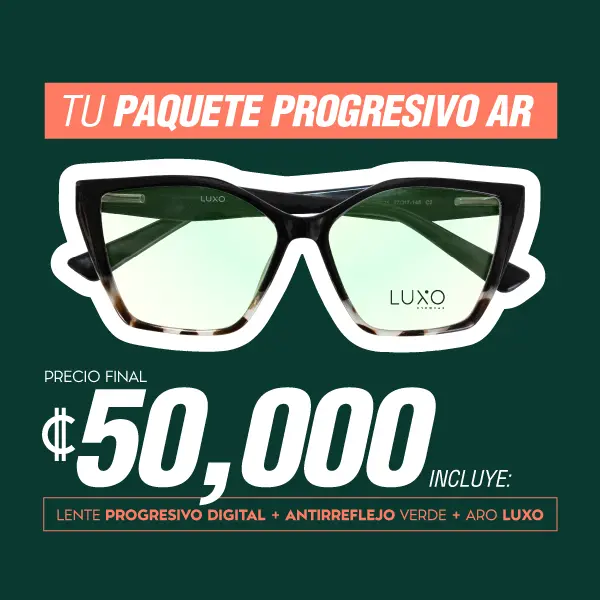 Tu paquete progresivo AR. Precio final 50 mil colones. Lente progresivo digital + Antirreflejo verde+ Aro Luxo